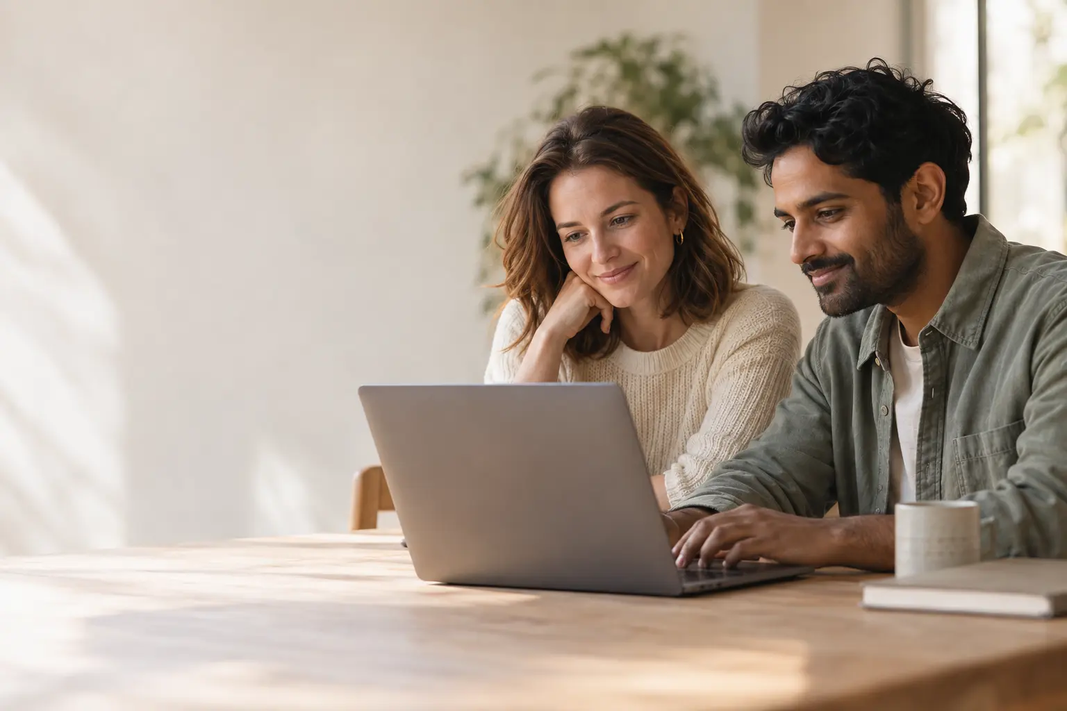 Sfeerbeeld van twee ondernemers die tevreden samen aan een laptop werken.